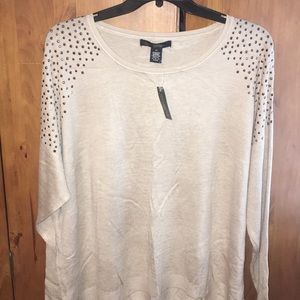 89th & Madison Studded Long Sleeve Pullover Sweater  Cream Gold 3X